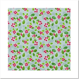 Cranberry Fruit Pattern on Blue Grey Posters and Art